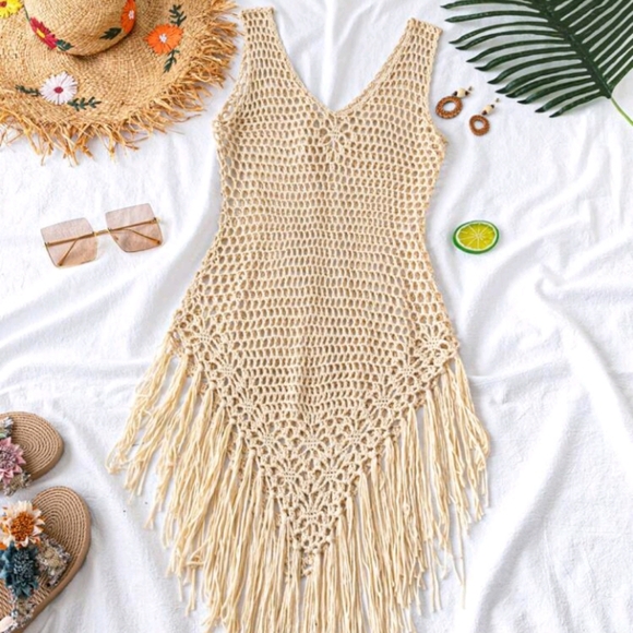 SHEIN Swim Hollow Out Knitted Fringe Hem Cover Up Dress, For Summer Beach - Picture 2 of 7